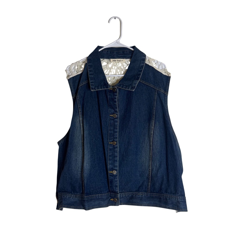 Indigo Thread Co. Women's Denim Vest Crochet Lace Back Blue Size XL